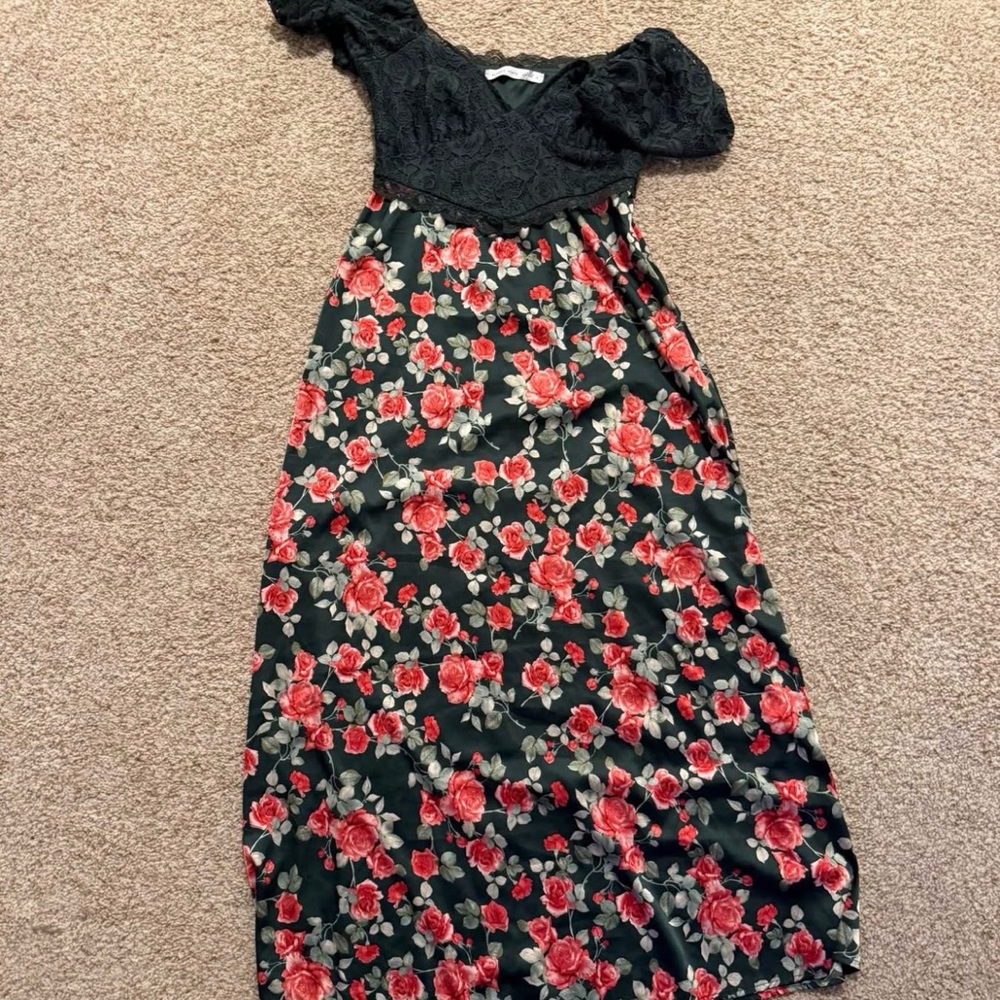 Altar'd State Lace Top Floral Midi Dress - Green with Red Roses